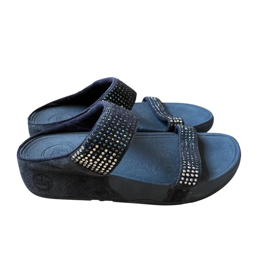 FitFlop Black Wedge Slide Sandals with Rhinestone Straps